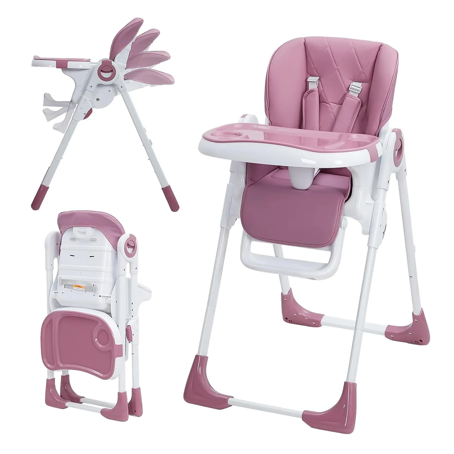 3-in-1 Foldable Adjustable & Collapsible Baby High Chair – Removable Tray, PU Leather, Easy to Clean & Store, Portable Feeding Chair for Babies & Toddlers – Lilac/Light Grey/Dark Grey