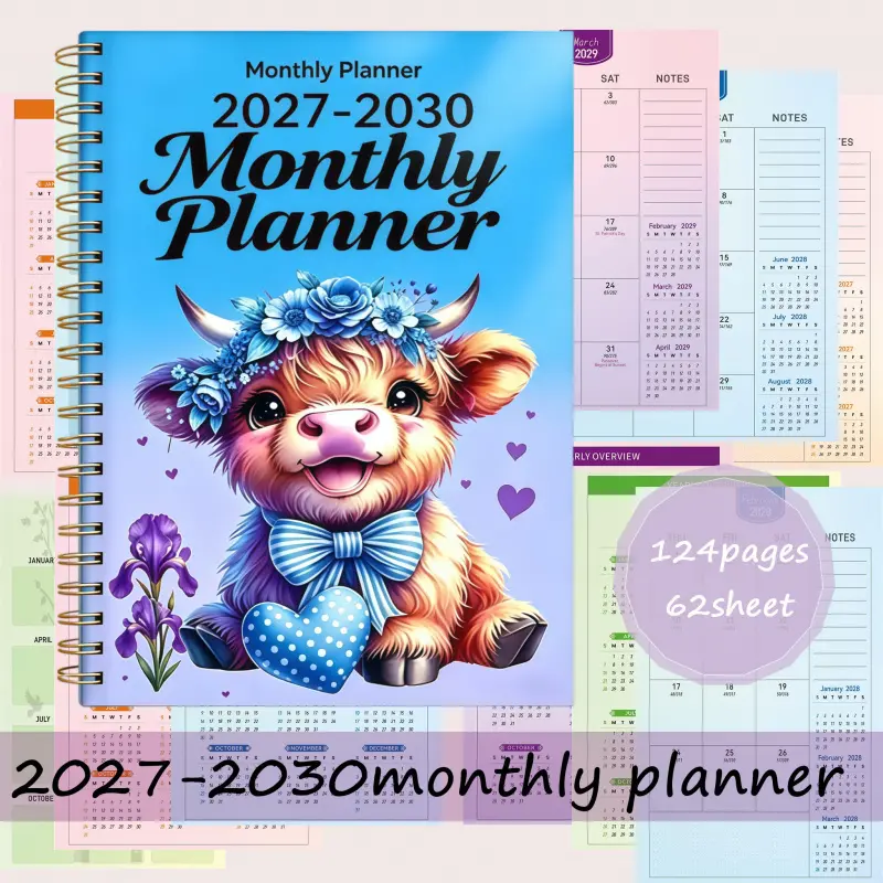2027-2030 monthly planner, A5 size with 124 pages of high-quality paper, gradient inner pages, blue-purple Highland cow floral themed cover notebook