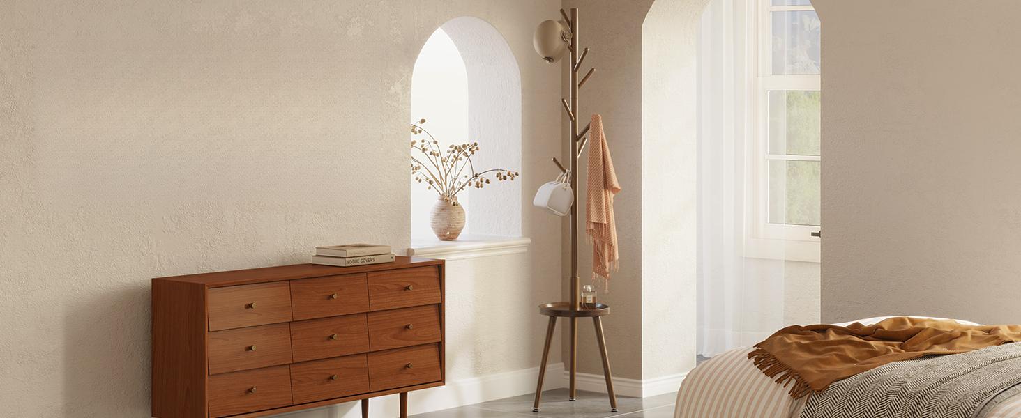 Coat Rack with 8 Hooks, Wooden Coat Rack Freestanding with Shelf, Coat Tree with 4 Height Options 50.5"-72.6", Coat Hanger Stand for Bags, Clothes, Umbrellas, Hats, in Home, Brown