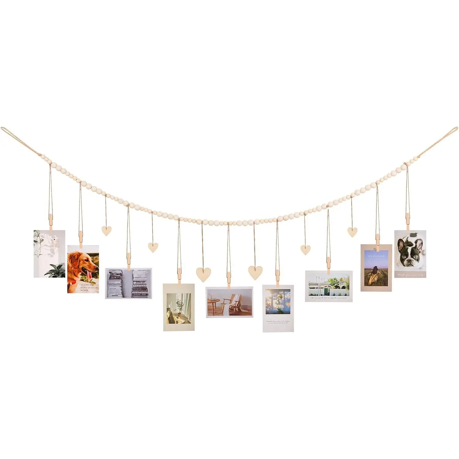 Photo Display with Clips,  Bead String Photo Banner | 9 Wooden Clips, Boho Picture Frames Collage Wall Decor, Photo Hanger for Bedroom, Office, Dorm Decor