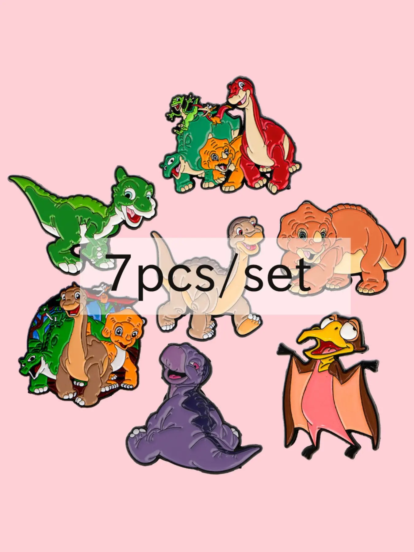 7pcs/set Happy Dinosaur Pins, Cartoon Movie Zinc Alloy Enamel Badges, Fashion Clothing Hat Accessories, Cute Style, All Seasons