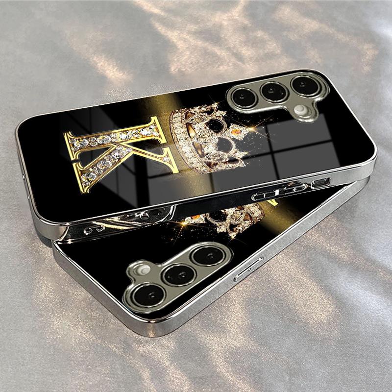 Elegant Crown & Letter K Diamond Pattern Phone Case, Electroplated Tempered Glass Design, Compatible with Samsung Galaxy Series