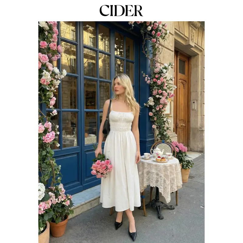 Cider Mid Rise Ruched Shirred Maxi Flared Dress SohoChic