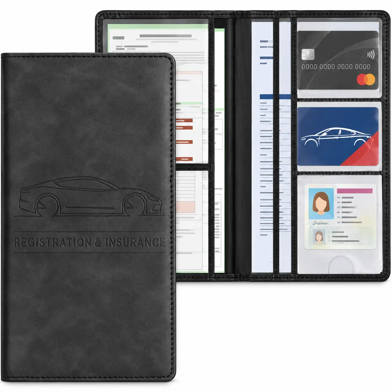 Car Accessories Registration and Insurance Holder,Leather Essential Card Magnetic Shut Vehicle Glove Box Organizer Case for Auto Driver License Document Truck Motorcycle Boat Men Women,Black
