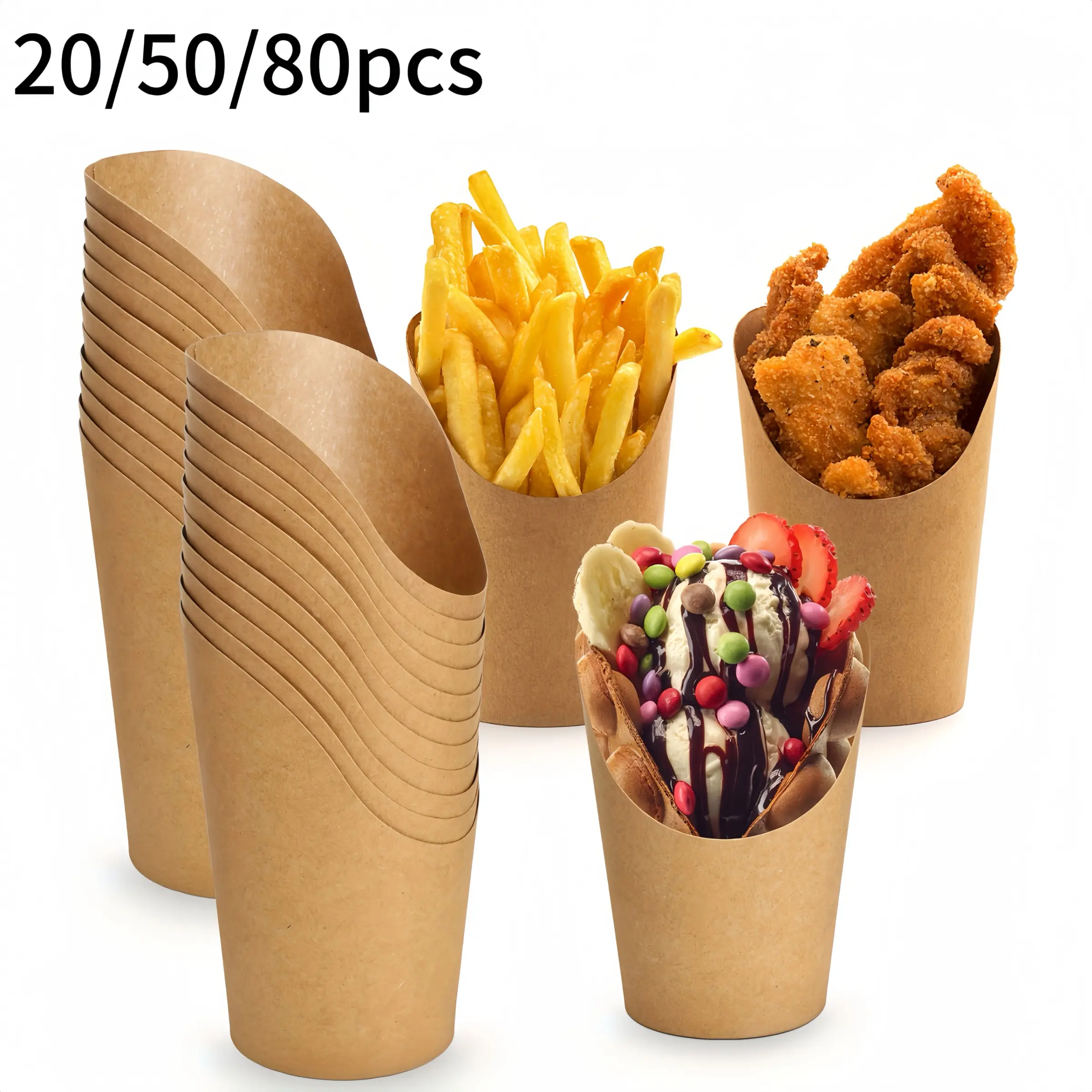14oz Disposable Thick Kraft Paper French Fries Cup, Popcorn Box, Food Container, High-Quality Plastic Coated, Biodegradable, Disposable Tableware Supplies