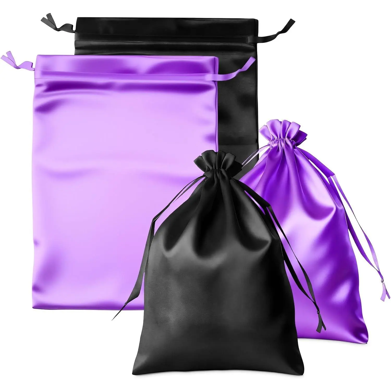 2-Count Smooth Silk Satin Wig Organiser Pouches - Black Decorative Drawstring Tassel Storage Bags for Wigs, Hair Extensions, Salon & Travel (13.6"x9.8") with Drawer Compatibility, Wig Storage