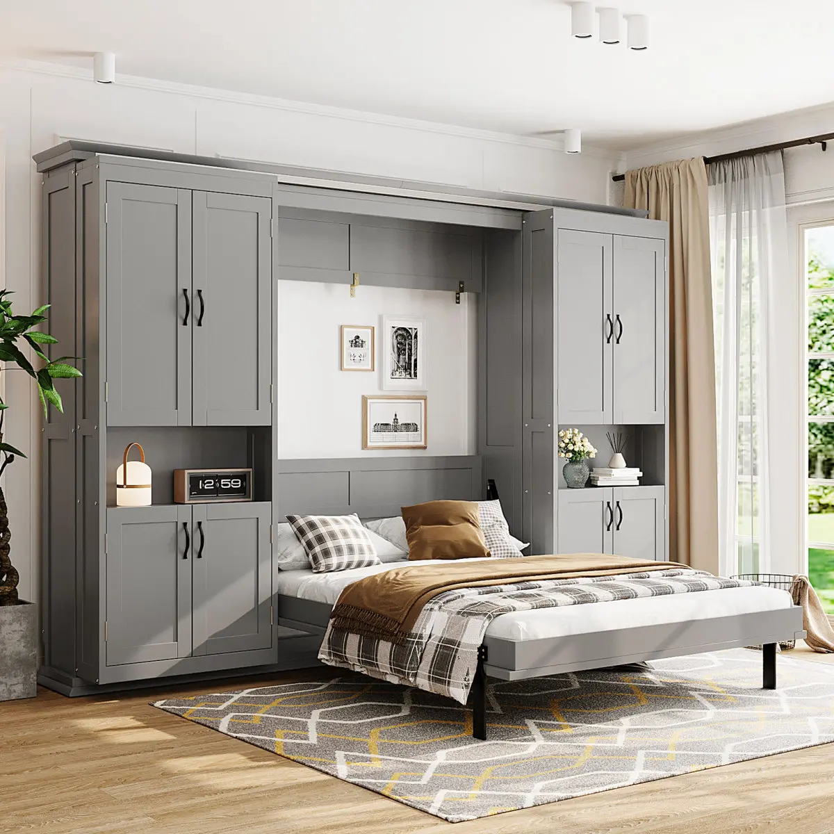 Full-size Murphy Bed with Dual Sliding Storage Cabinets, Hidden Wall Bed Design, Dual 6-Tier Side Shelves, Large-Capacity Space-Saving Wall Bed System for Modern Homes & Multifunctional Rooms-Gray
