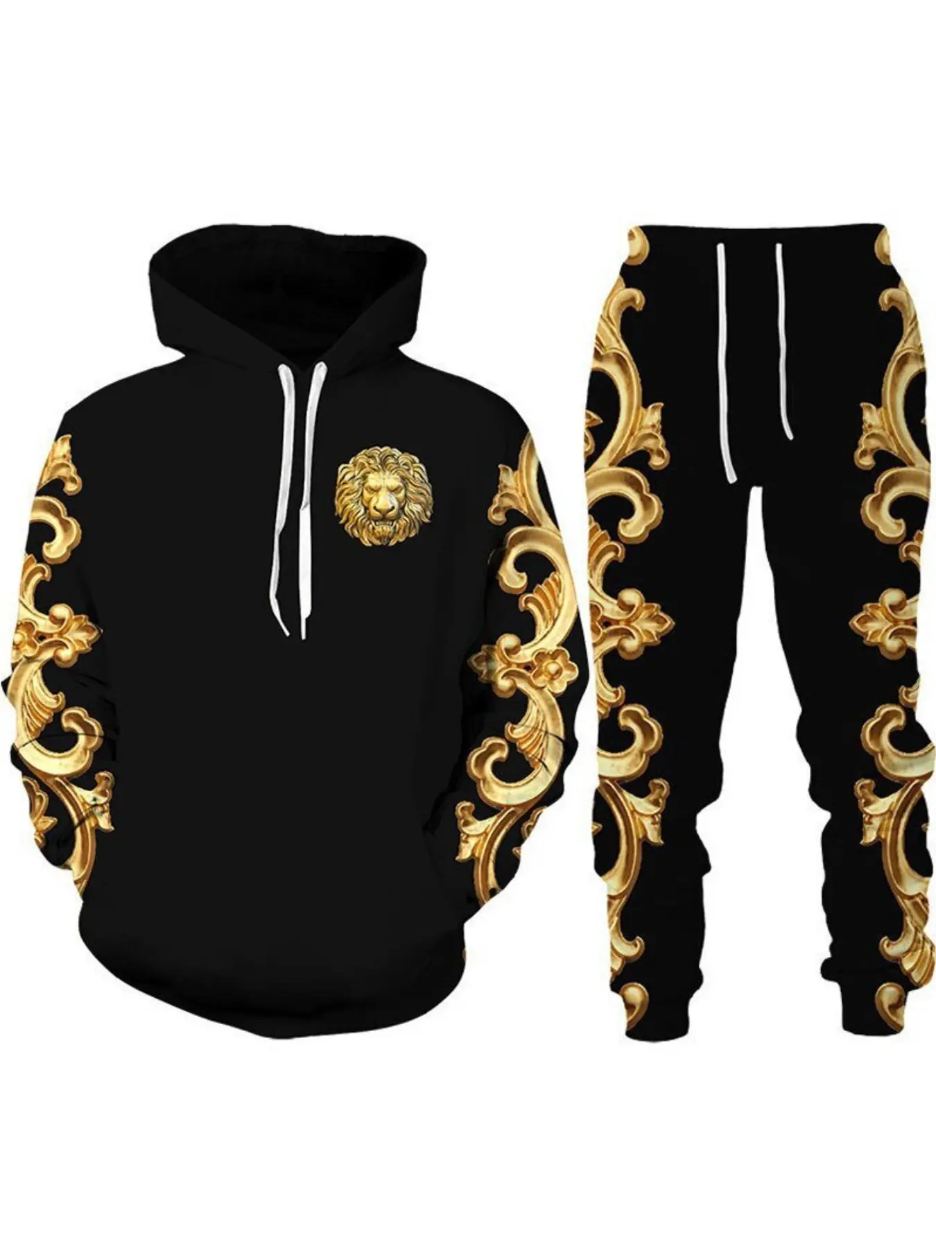 Luxury Set of Hoodie with Golden Lion Relief and Baroque Patterns + Tapered Pants