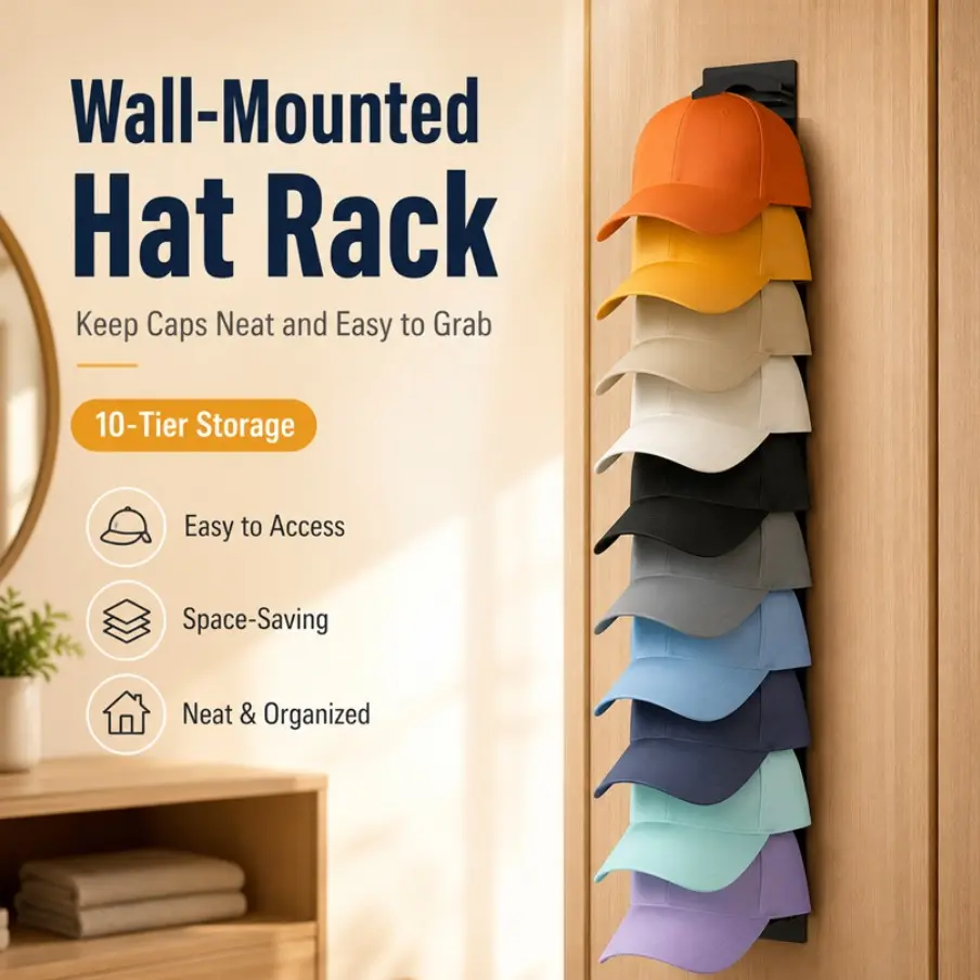 Hat Organizer for Baseball Caps 2-Pack, Wall-Mounted Hat Rack with Strong Adhesive, Holds Up to 20 Hats, Multilayer Storage Options, Hat Organizer Installation