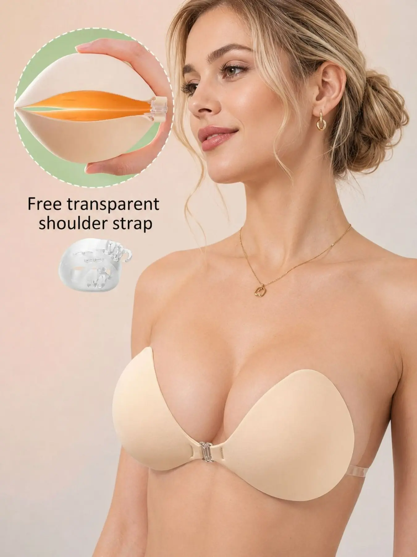 Women’s Strapless Backless Adhesive Bra, Reusable Push Up Sticky Bra with Front Clasp, Invisible Lift Bra Cups with Transparent Shoulder Strap, Seamless Self Stick Bra for Dresses and Tops, Underwear