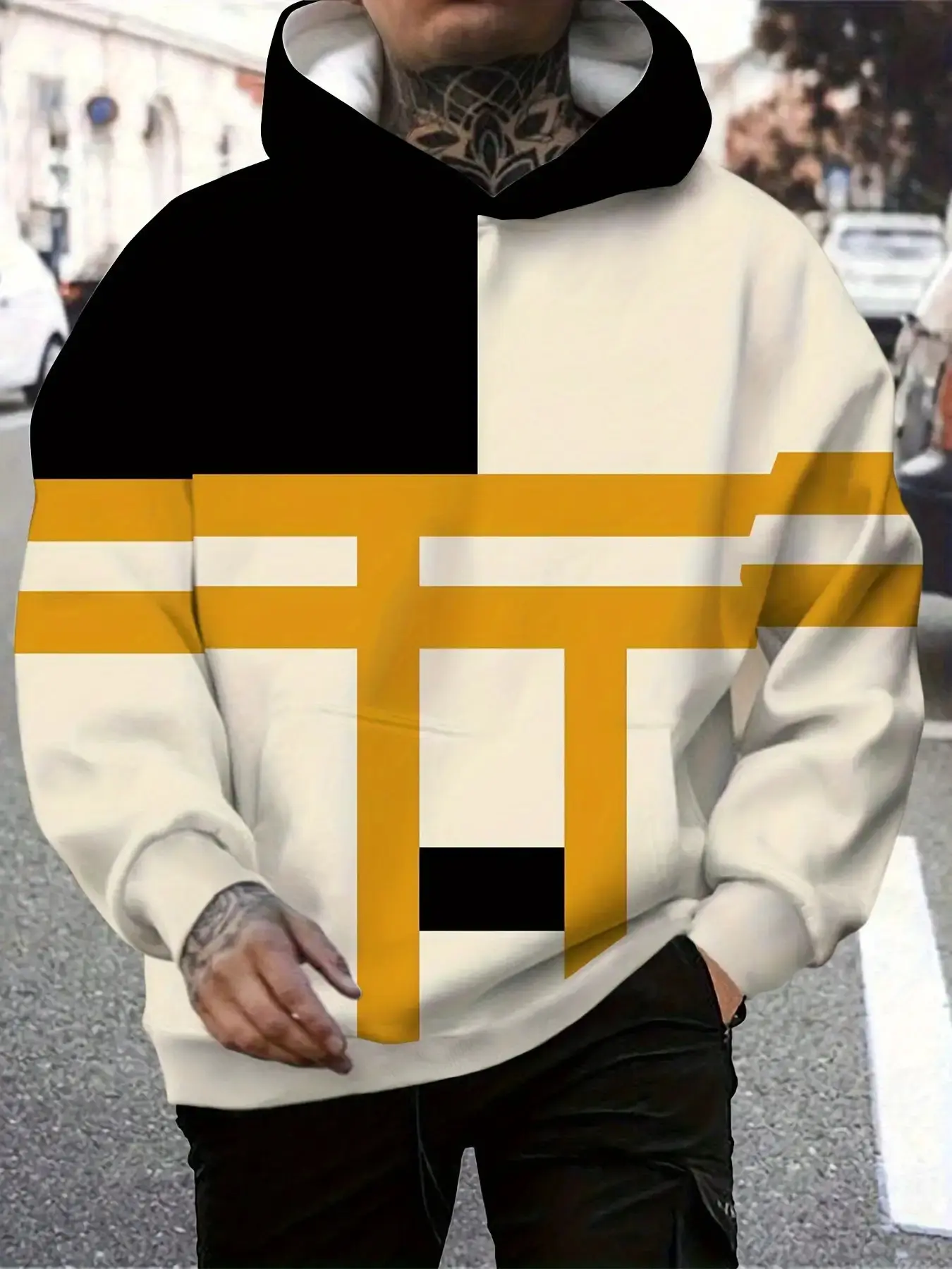 Men's multi-color hooded sweatshirt, fashionable men's patchwork color-coordinated hooded sweatshirt, spring and autumn outdoor casual pullover with pocket for leisure and fashion.