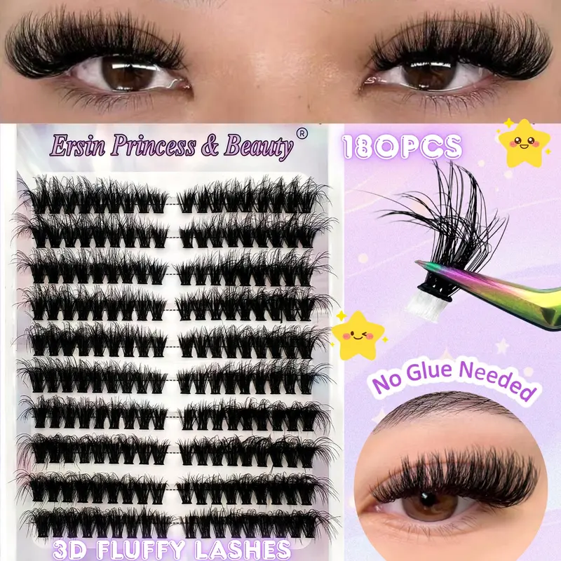 180 Cluster, Fluffy Self-Adhesive False Eyelash Clusters with Mixed Lengths 8-16mm, Comfortable Travel Portable Makeup, Long-Lasting Natural Look