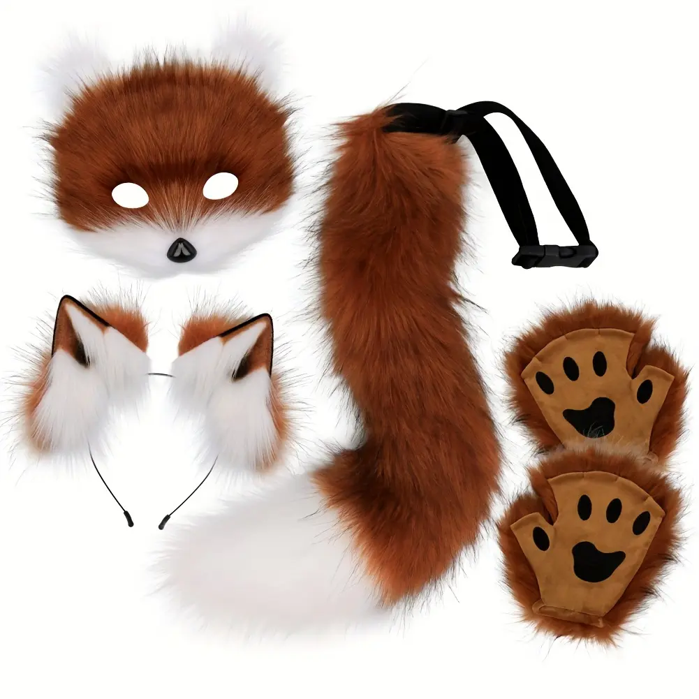 4pcs, Adjustable Faux Fox Mask Costume Set -Bendable Tail, Ears Headband & Gloves - Halloween/Christmas Cosplay, Carnival Party