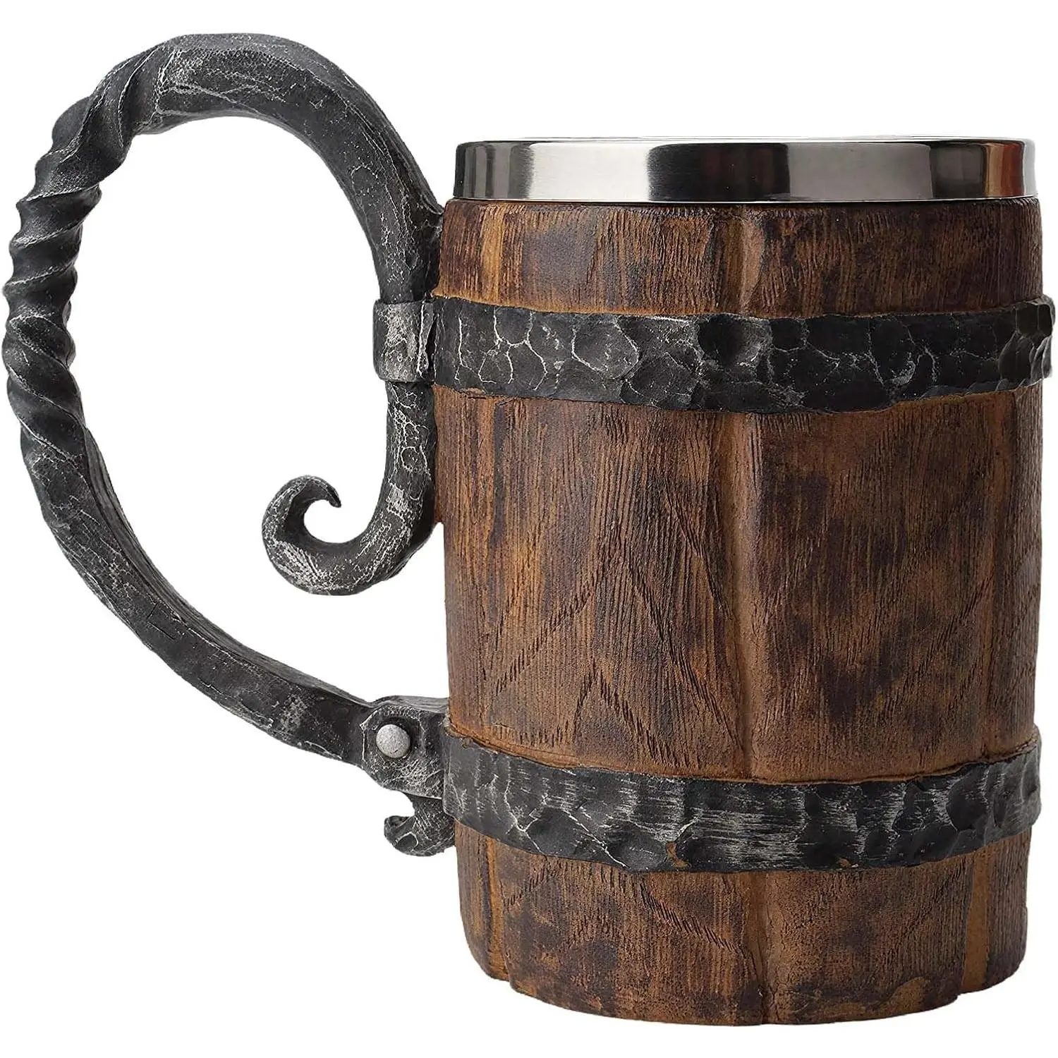 Wooden Barrel Bucket-Shape Beer Cup with Handle Grip, Embossed Wood Stainless Steel Double-Wall 18 oz Drink Tankard, Vintage Renaissance Bar Accessory