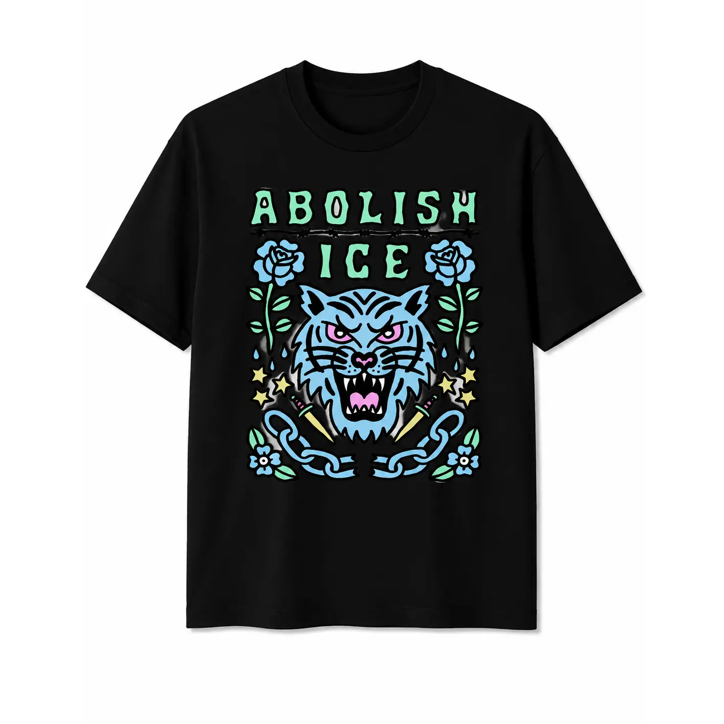 Men's Oversized Abolish ICE Blue Tiger Meme Protest Graphic Tshirt - 100% Premium Vintage Washed Pure Cotton, Short Sleeve, Casual Menswear Streetwear, Satirical Political Art, Super Soft Sports Top, Vivid Color Hold, Vintage Washed Look, Vibrant Print, S