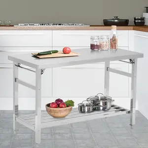 Garvee 48*24 Inch Stainless Steel Prep & Work Table - NSF Certified Commercial Heavy Duty Folding Kitchen Table with Adjustable Slotted Undershelf, Portable Utility Work Bench for Restaurant, Dining & Home
