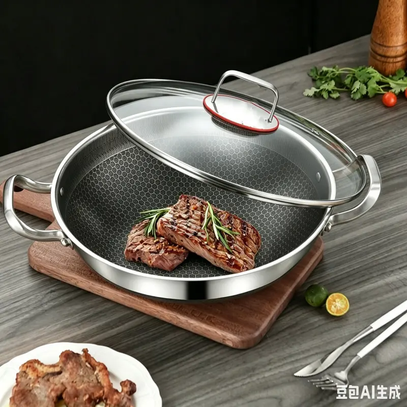 Large 12.6-Inch Non-Stick Deep Skillet, Stainless Steel Frying Pan with Lid and Dual Handles, Non-Stick Cookware, Dishwasher and Oven Safe, Nonstick Kitchenware
