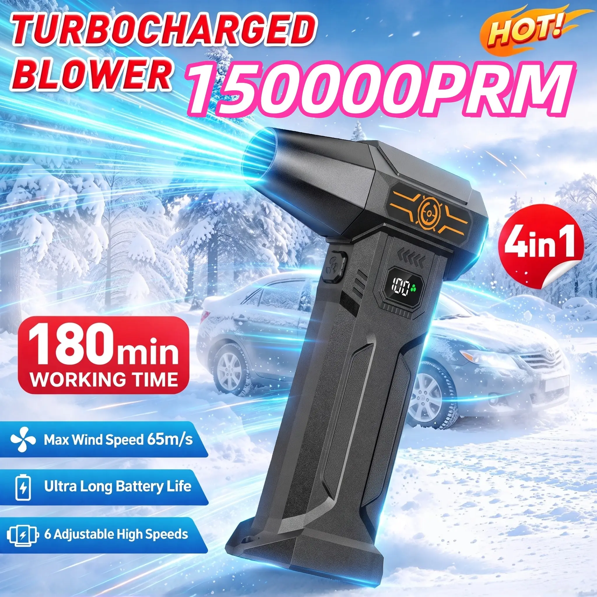 Electric Snow Blower, Handheld Fan, Rechargeable Portable Turbine Fan, Strong Air Blower for Yard and Car Snow Cleaning