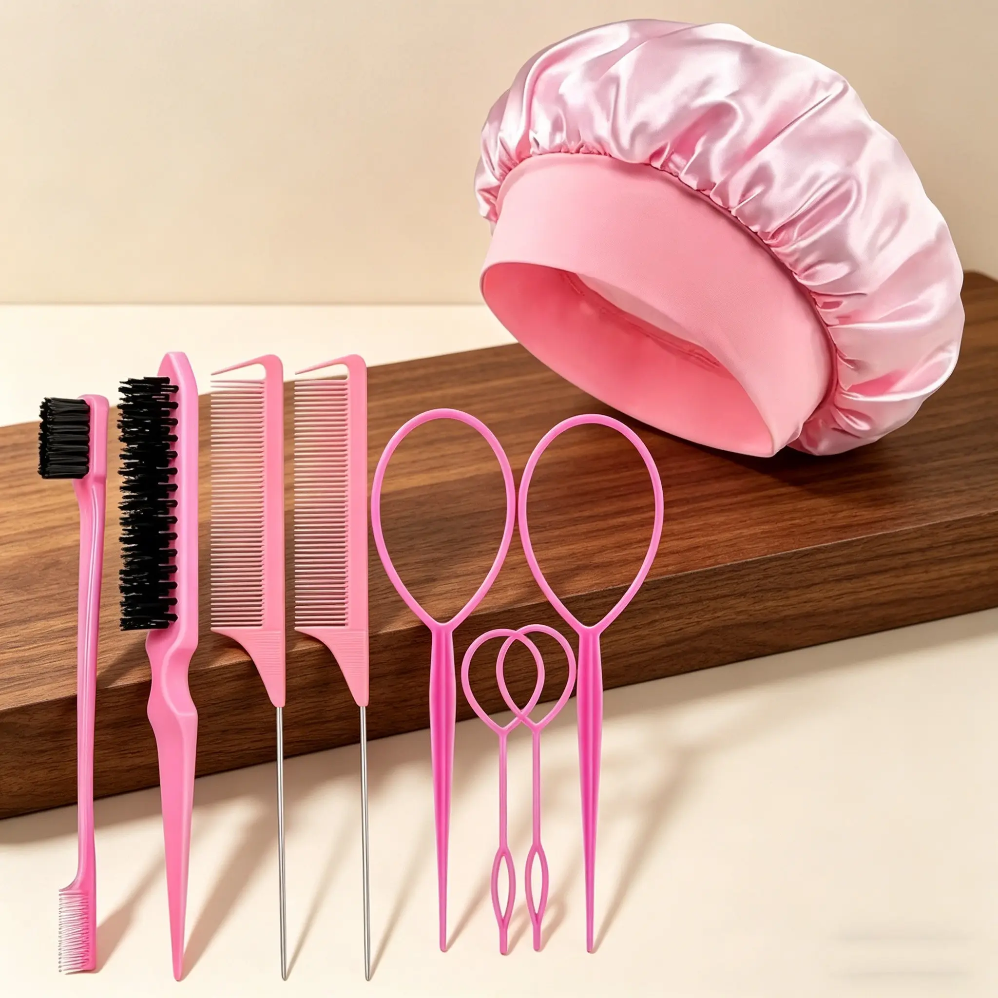 9-Piece Hair Styling Set for Women, Includes Steel Tip Tail Comb, Nylon Brush, Edge Control Brush, Shower Cap, 4 Ponytail Tools, Heatless Styling Tools