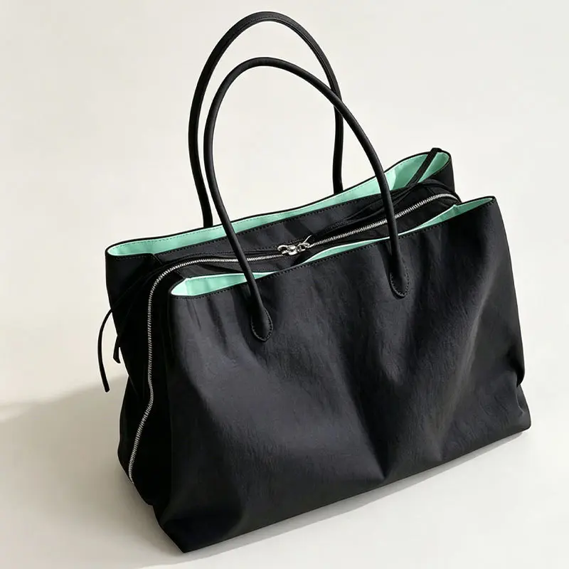 Lightweight Nylon Tote Bag For Women, Large Capacity Multi Compartment Shoulder Handbag, Minimalist Contrast Lining Top Handle Purse Daily Work Commute Shopping Bag