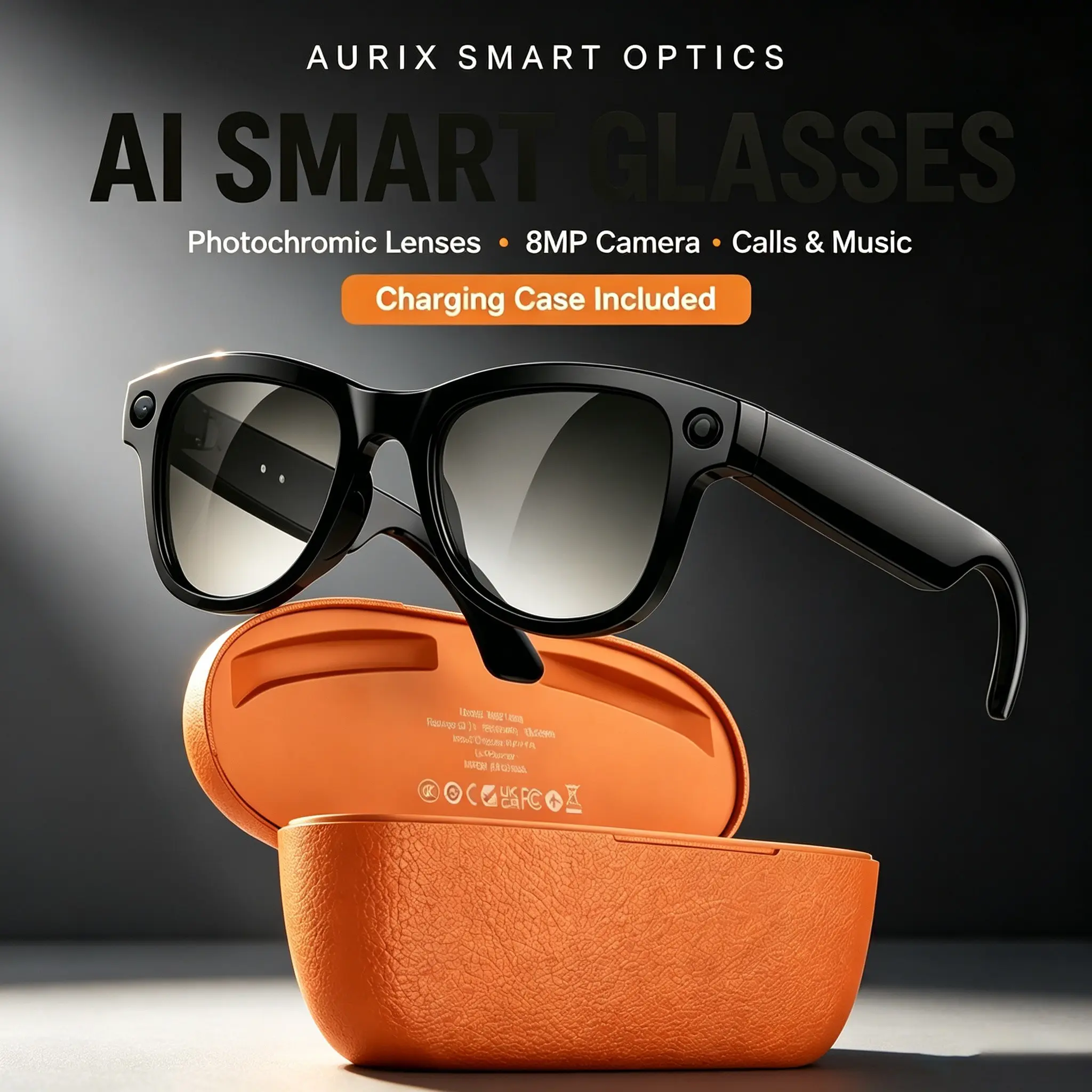 New upgraded M02AI smart glasses with 1080P high-definition camera for taking photos, recording videos, chatting, GPT 3600mAh charging case, AI image recognition, real-time translation, dual microphones for noise reduction, high fidelity sound effects, ul