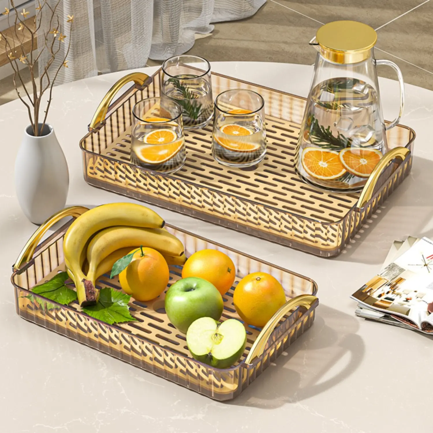 Double Layer Detachable Drainage Tray with Golden Handle, Clear Plastic Rectangular Serving Tray, Multipurpose Tea Cup Fruit Storage Organizer for Kitchen Countertop Bathroom Vanity