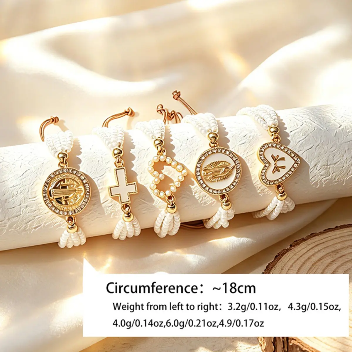 Women's 5-Style Religious Faith White Braided Cord Bracelet Set, Gold-Plated Cross Medal Eye Heart Virgin Mary Charm, Adjustable Slide Knot Wrist Jewelry, Catholic Christian Prayer Gift (DIY Bag Accessory)