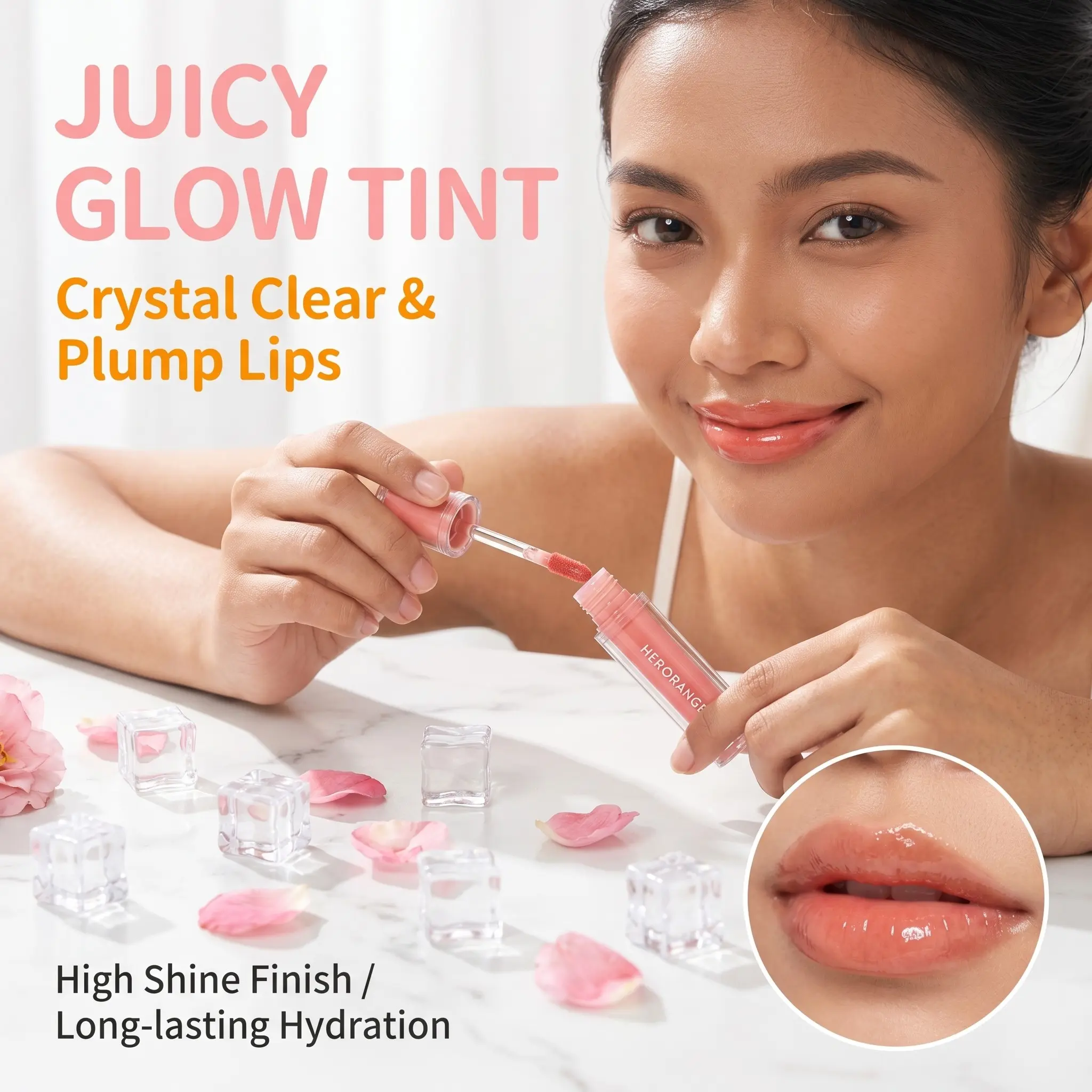 HERORANGE Mirror Shine Hydrating Lip Gloss double clear tube fresh non sticky texture precision fluffy applicator four shade peach orange berry nude deeply hydrate dry peeling lips smooth lip lines create plump crystal mirror glow sheer for daily base