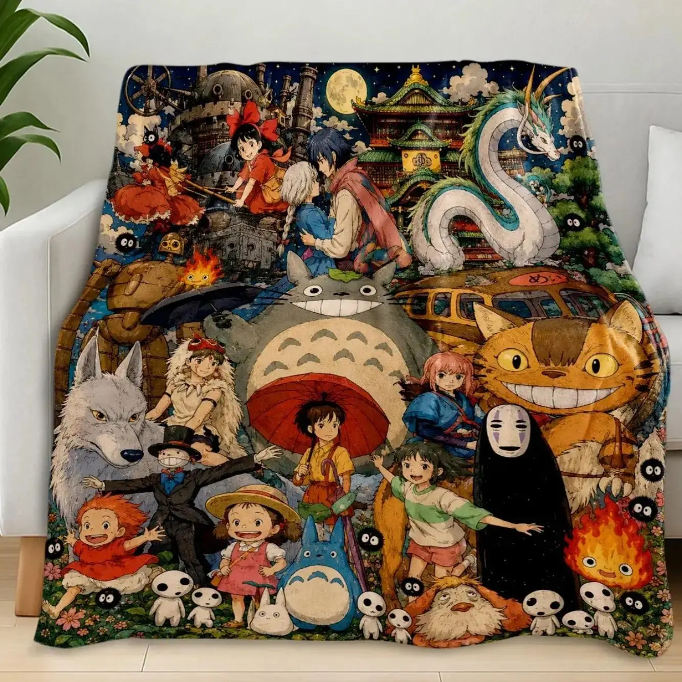Studio Ghibli Character Flannel Throw Blanket, Vintage Watercolour Print fuzzy soft blanket cooling blanket, Wrinkle-Resistant Multi-purpose blanket for Bedroom Cool Room Home Decor, perfect christmas gift childhood anime merch TikTok for Miyazaki Anime F