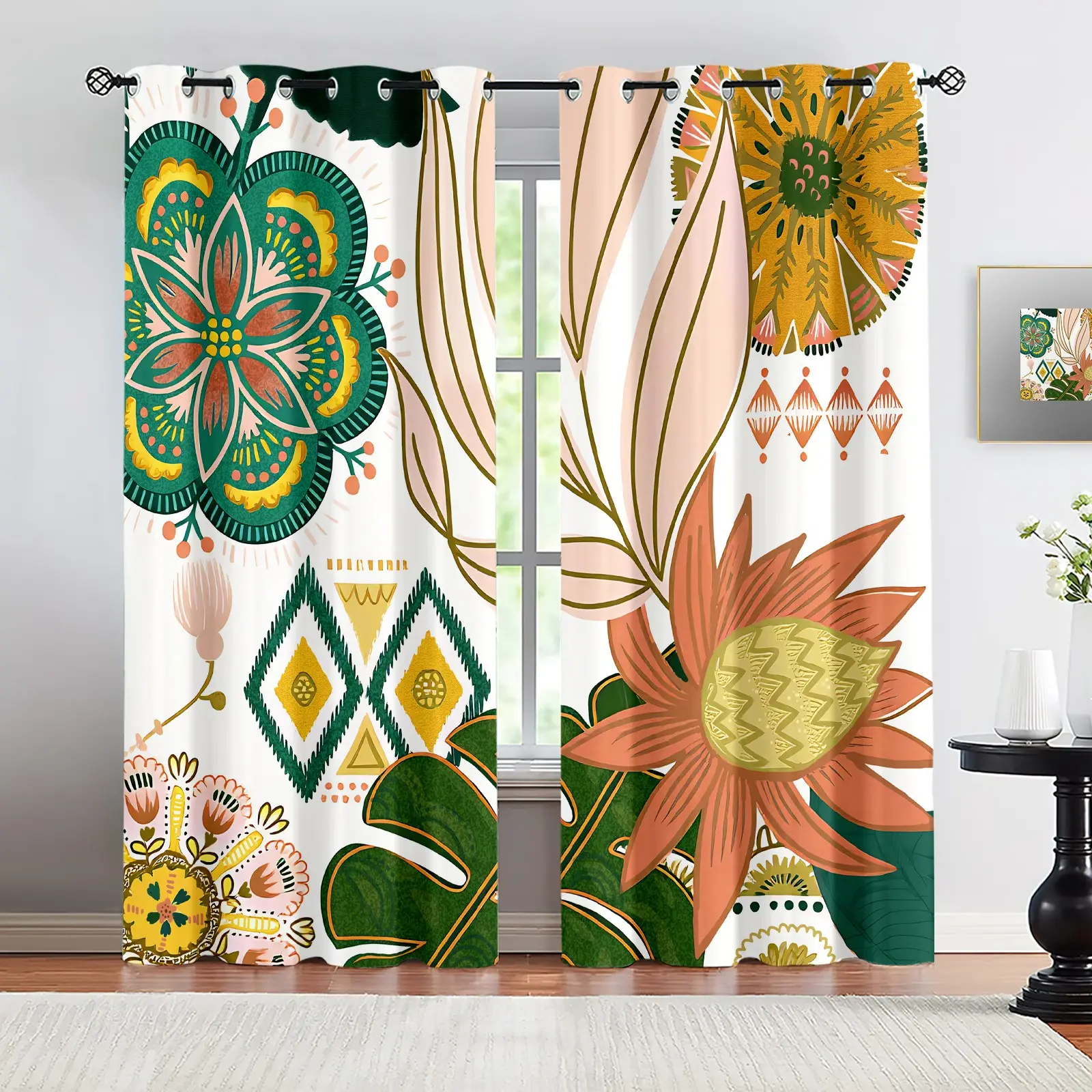 2 Panels Bohemian Floral Blackout Ready Made Curtains, Ethnic Tropical Flower & Monstera Pattern, No-Hook Washable Fabric, Light Blocking Window Drapes for Bedroom Living Room Decor, Boho Themed Home Gift