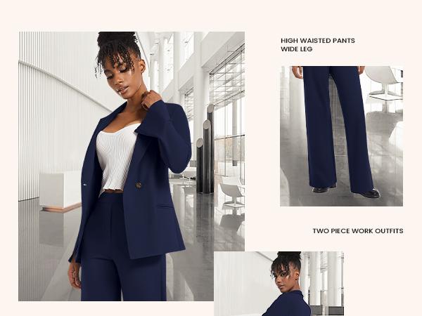 Casly Lamiit Women's 2 Piece Blazer Outfits Business Casual Asymmetrical Jacket Button Wide Leg Pants Dressy Suit Sets Fitted Chic Elegant Womenswear