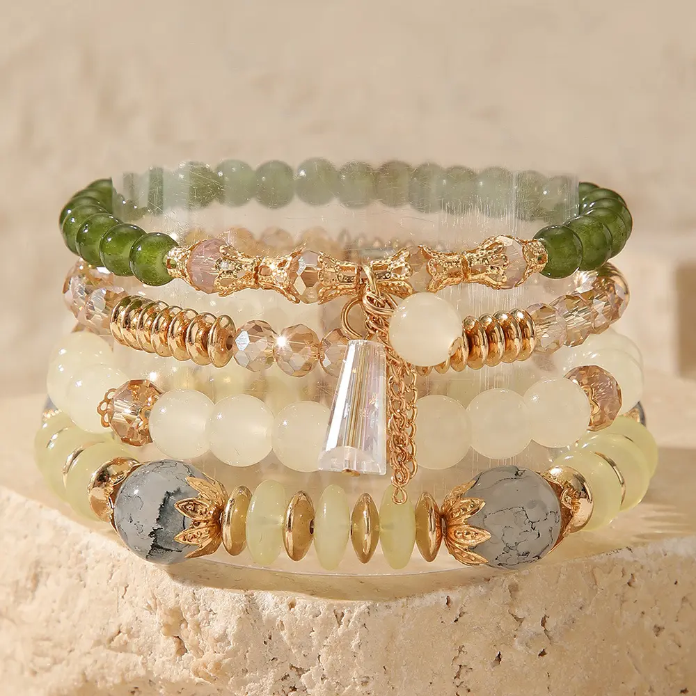 4Pcs Bohemia Multilayer Stackable Beaded Bracelets Set Colorful Crystal Stone Gold Beaded Stretch Bracelets Hawaii Charm Bracelet for Women Men Travel Summer Beach Boho Vacation Jewelry Gifts
