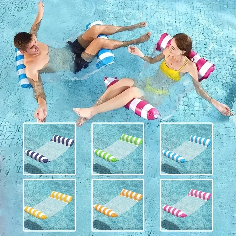 Inflatable Pool Hammock Chair Bed - Portable Foldable Recliner for Adults Summer Water Relaxation with Air Pump, Two-Tube Striped Floating Lounger