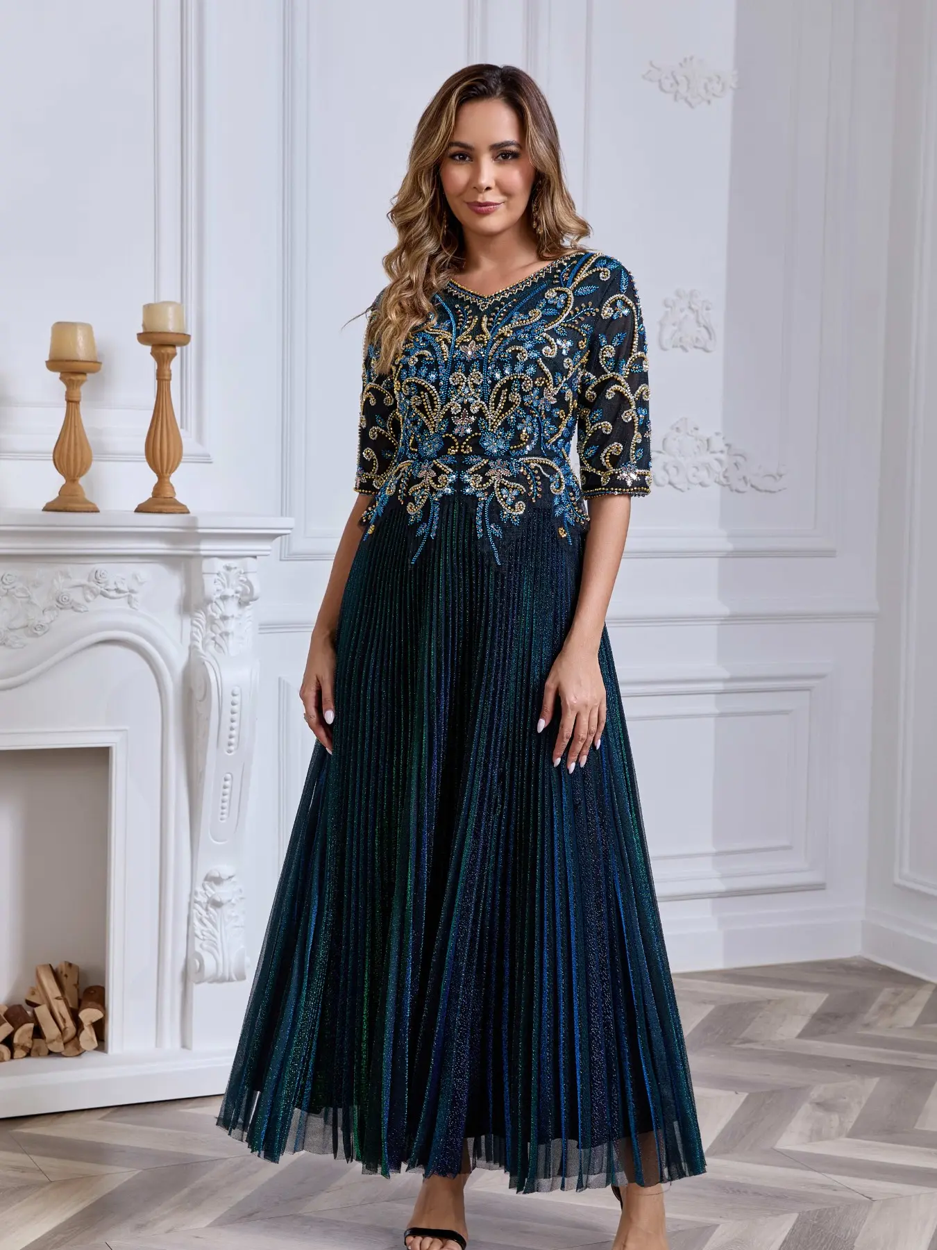 JINLICX Women's Elegant Beaded Evening Gown 3/4 Sleeve V-Neck Sequin Embroidered Pleated Maxi Dress for Wedding Guest Prom Party 88199
