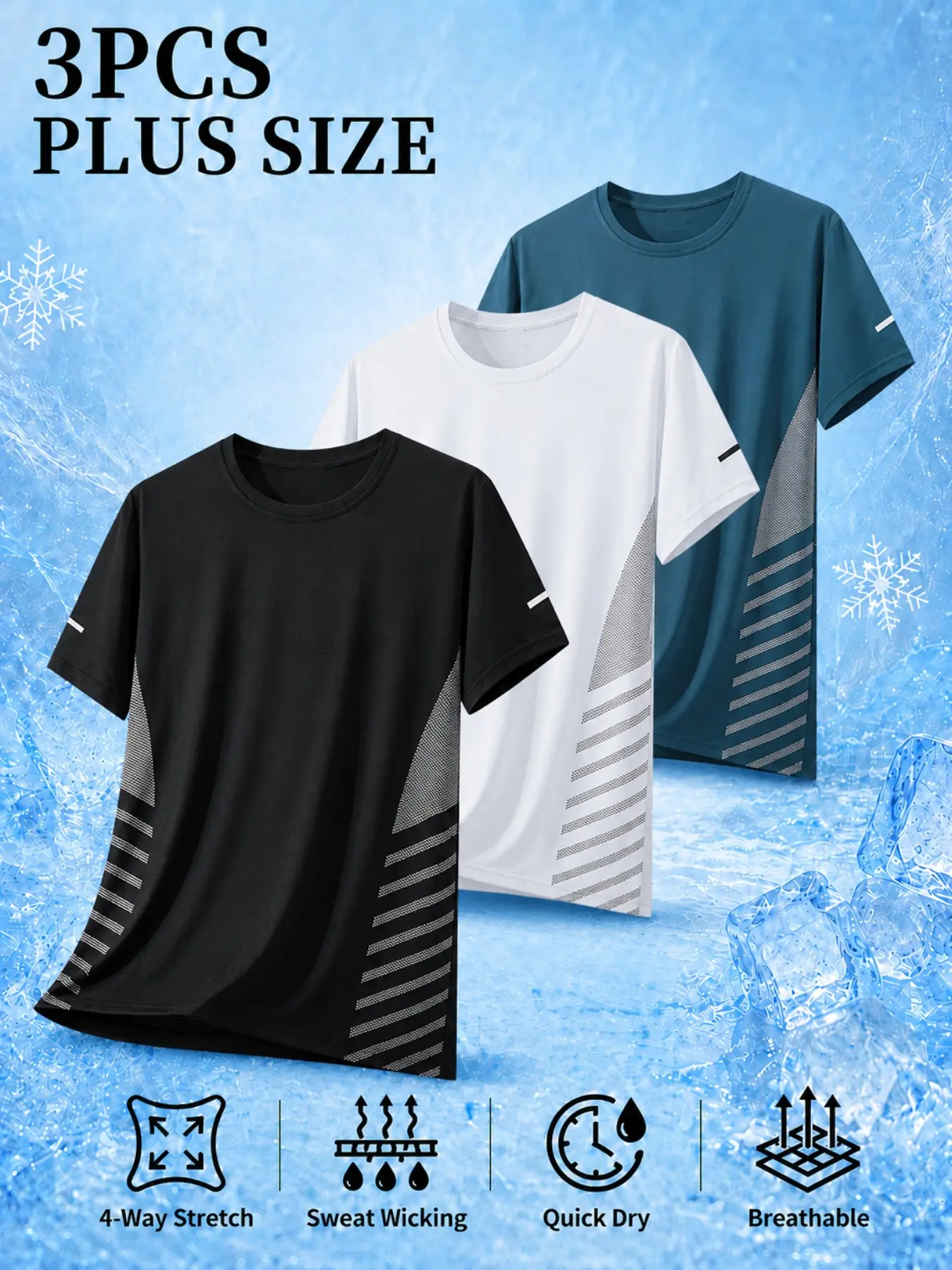 3-Pack Men's Plus Size Short Sleeve T-Shirts, Sporty Loose Fit, Breathable & Stretchy Fabric, Ideal for Outdoor Activities, Perfect Gift, Athletic Tee