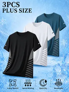 3-Pack Men's Plus Size Short Sleeve T-Shirts, Sporty Loose Fit, Breathable & Stretchy Fabric, Ideal for Outdoor Activities, Perfect Gift