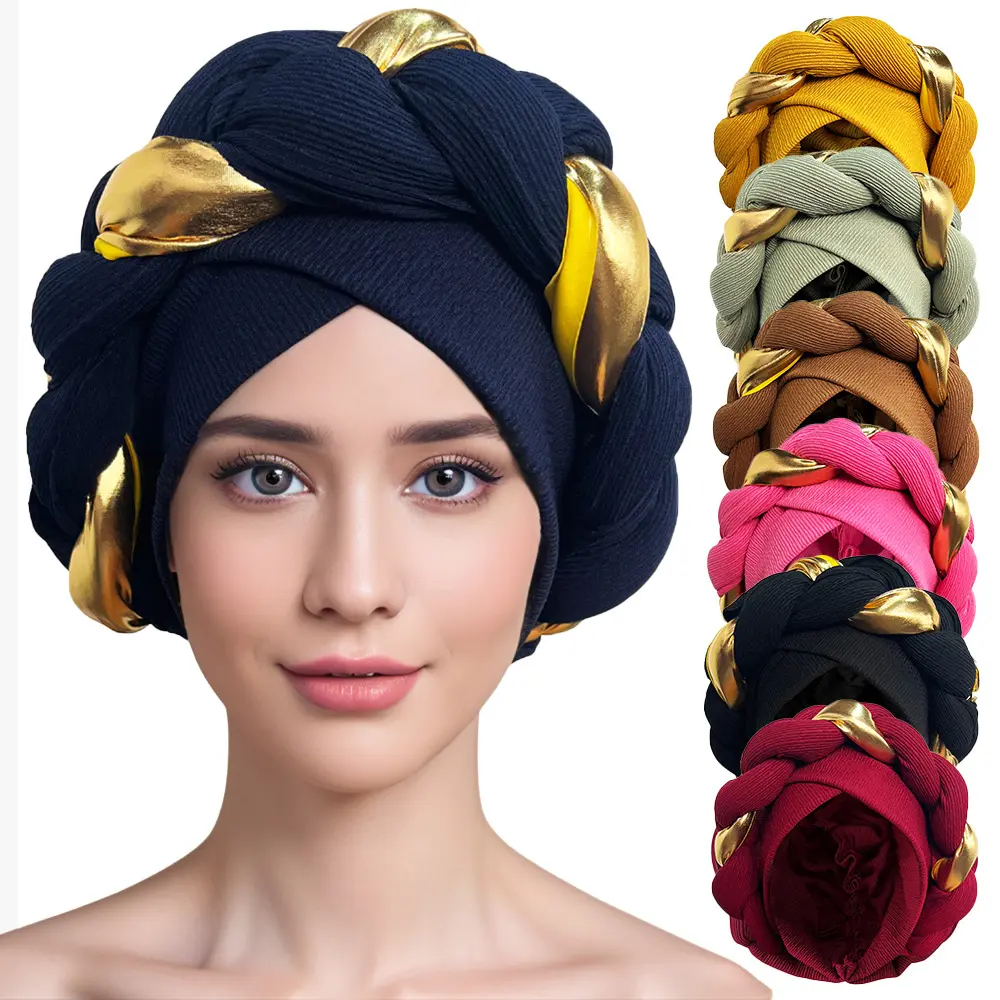 Metallic Gold Trim Thick Braided Knotted Ribbed Turban Stretch Solid Head Wrap Women Luxury Party Daily Hair Cover