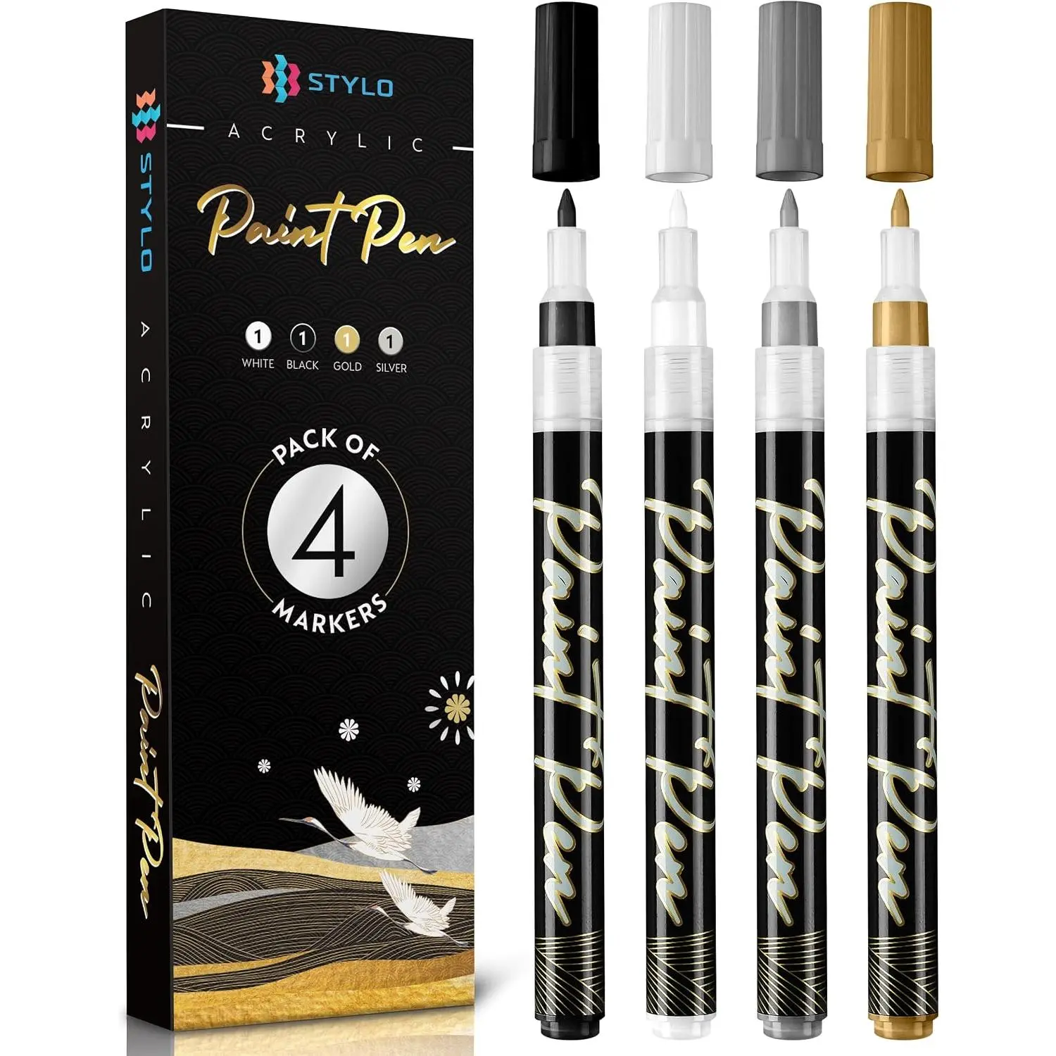 Markers, 4 Metallic  Pens   Black White | 0.7 mm  nib, opaque quick drying ink, for rock painting, glass, , ceramics and dark card