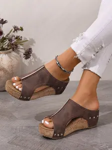 Women's Thick Sole Wedge Sandals, Summer New Fish Mouth Waterproof High Heel Slippers, Comfortable Versatile Retro Slip-On Shoes