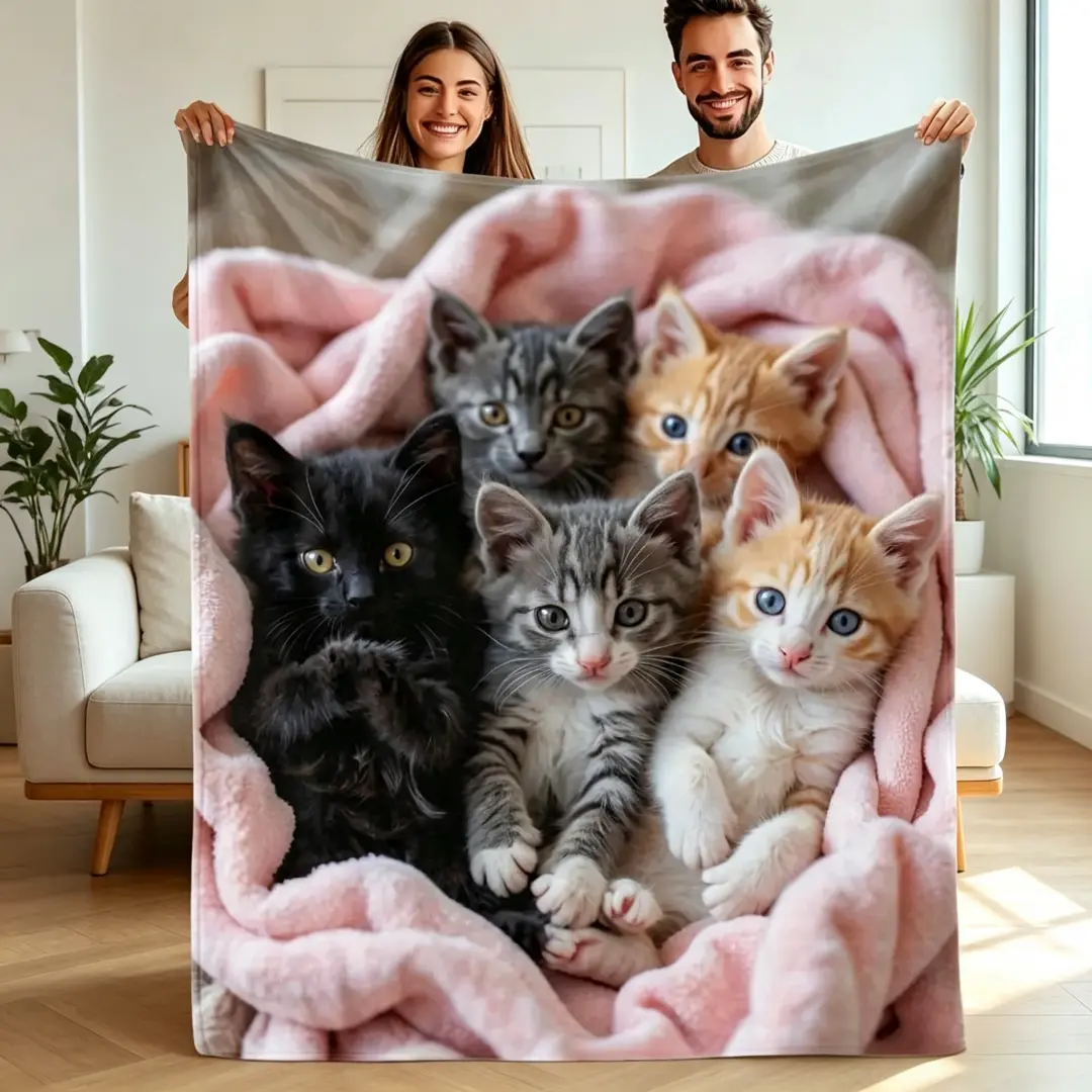 Comfortable Retro Fluffy Blanket - Soft plush flannel, cute kitten print, fade-resistant, mixed colors, fun animal patterns, perfect for super soft décor/sofas/bedrooms, a great gift for kids, family and friends.