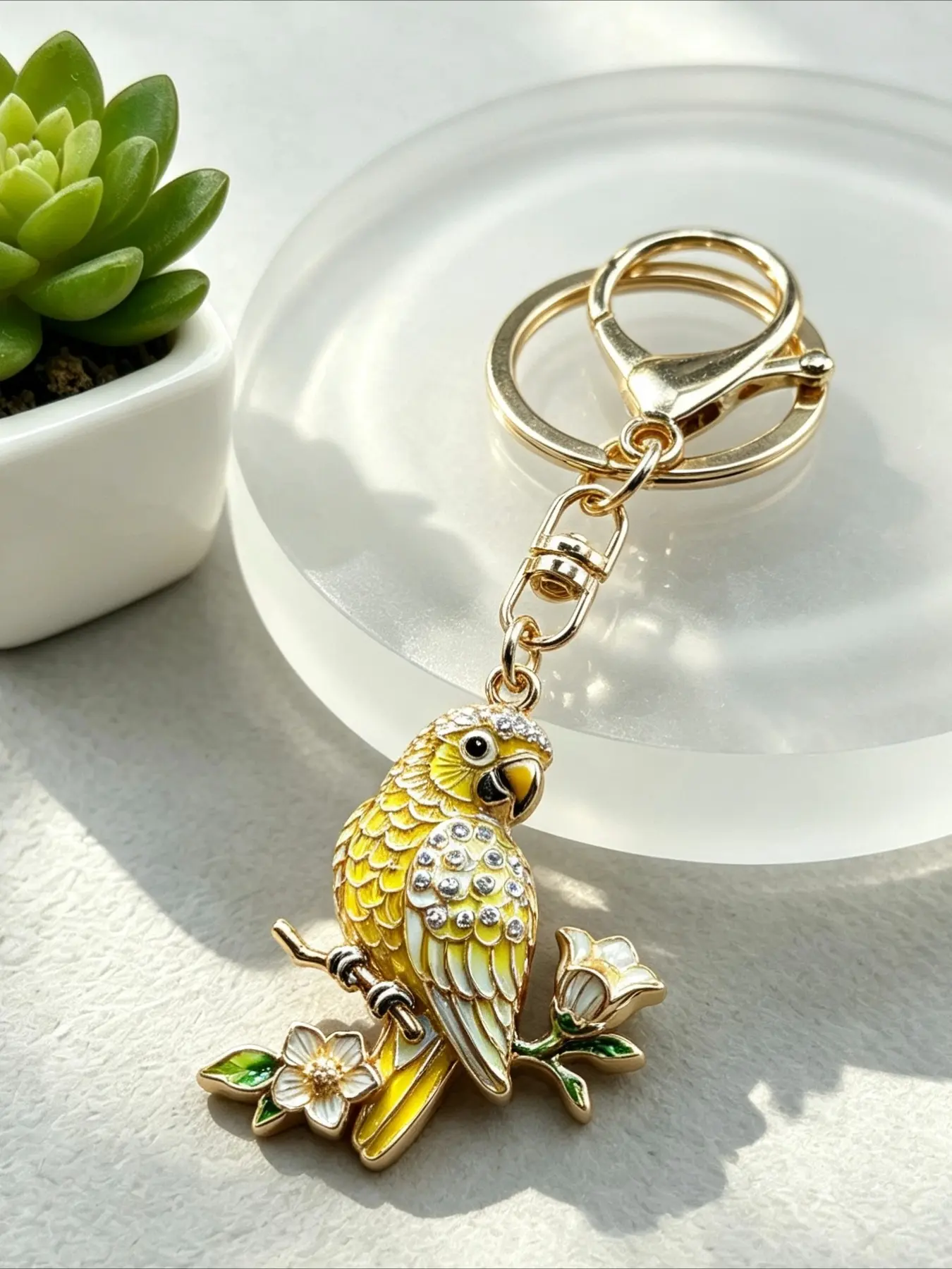Yellow Parrot Flower Keychain, Rhinestone Bird Floral Key Ring, Bag Charms Pendant for Car Backpack Purse Accessories, Jewelry Gift for Women Men