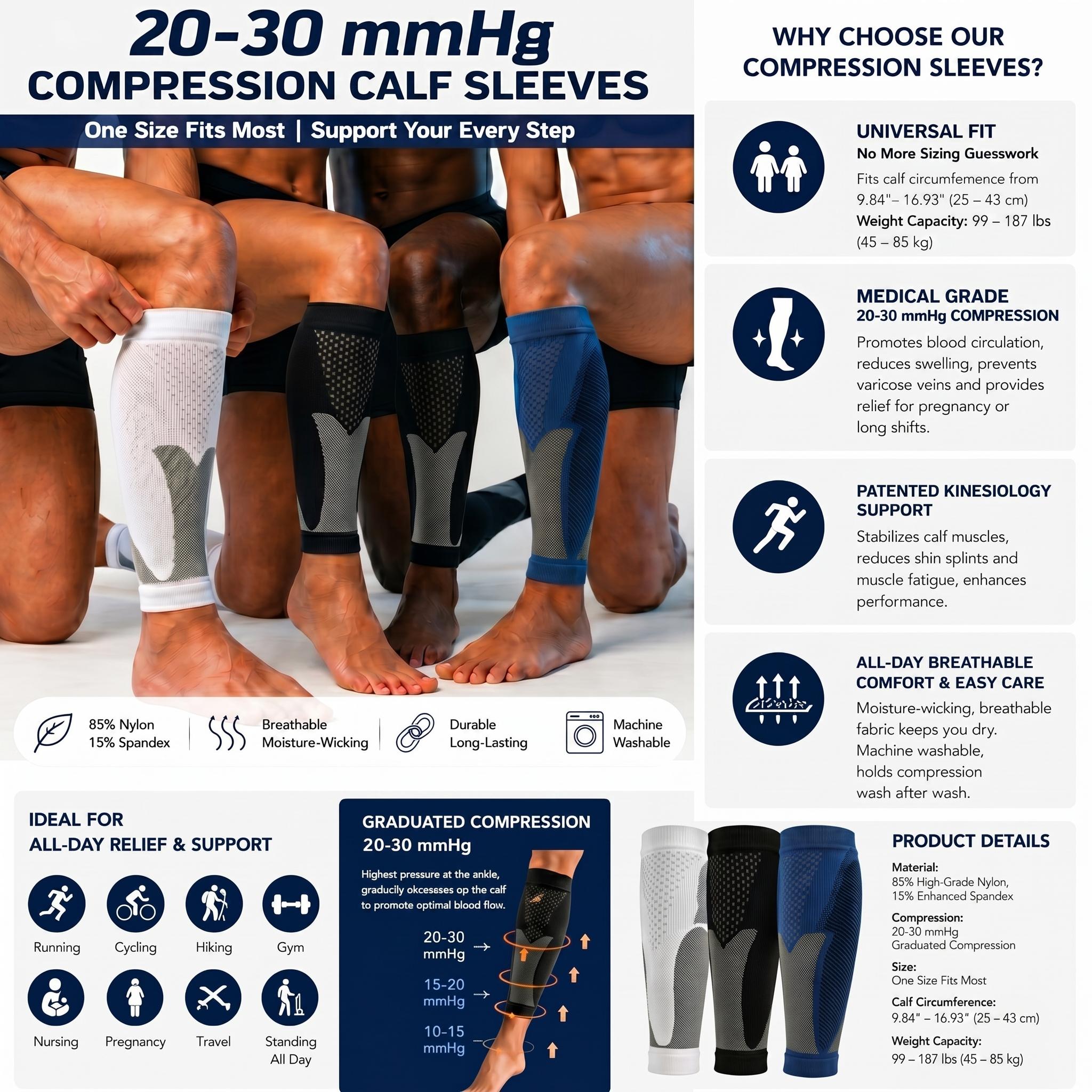 Unisex Calf Compression Sleeves - Adjustable, Lightweight Summer, Soft Breathable, Anti-Slip, Machine Wash, 25-43cm/9.84-16.93inch Calf Circumference, Lifestyle Leg Support for Running,Cycling, Alleviates Fatigue, Tibia Pain Relief, Black Sports Sleeves,