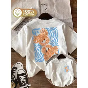 Women's Oversized Y2K 100% Cotton Graphic Tee With Retro Crab & Seaweed Print, Front & Back Design, Coastal Beach Casual T-Shirt For Women Reversible Printed T-Shirt For Women, Featuring A Playful Design With Crabs And Seaweed, Perfect For Spring And Summ