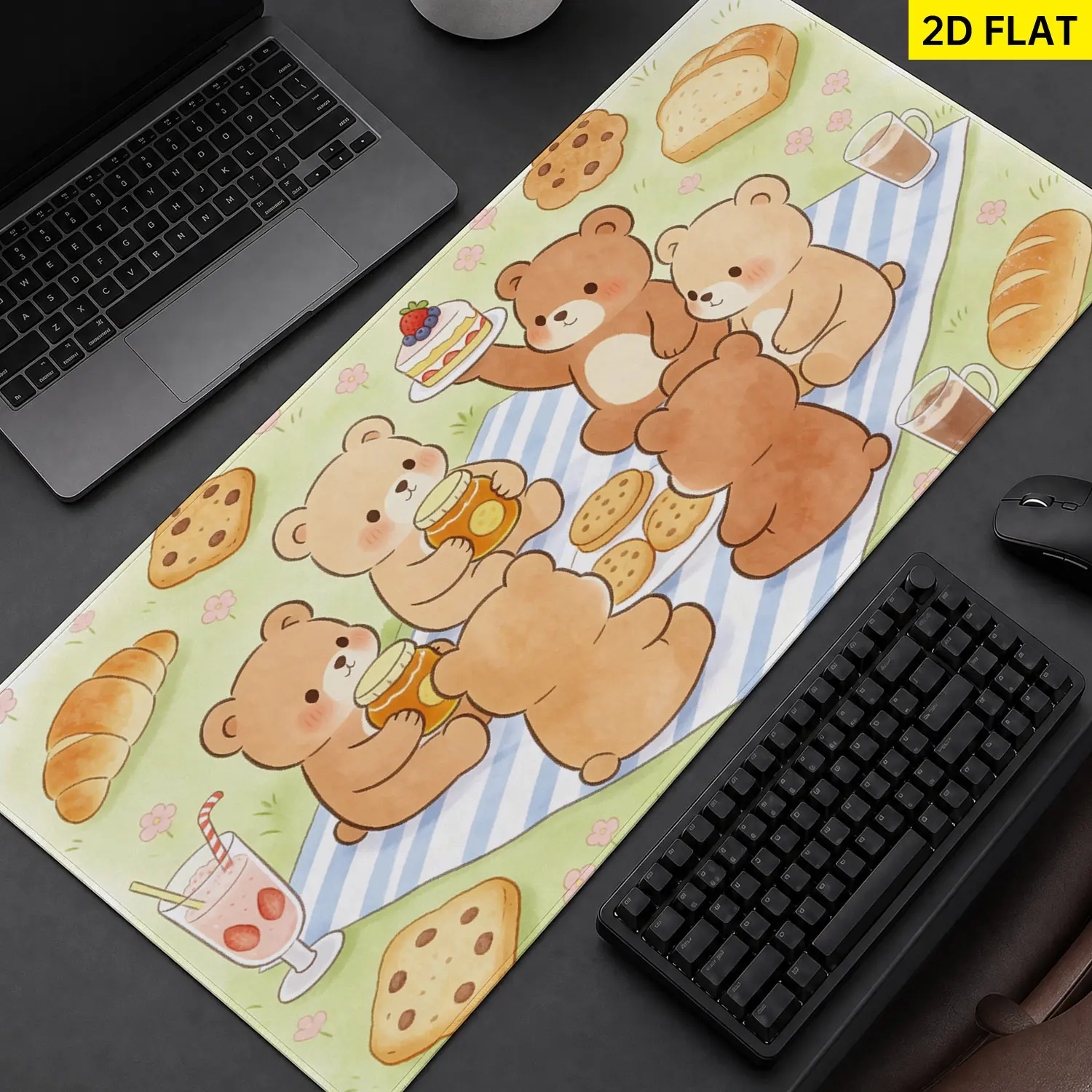 Extra Large cute bear picnic party Mouse Pad,Non Slip Rubber Pad,Desktop Decoration Drotection Pad,Washable,Lock Edge Multi Size,Premium Multipurpose Mousepad For Home,Office,Gift for Family and Friends