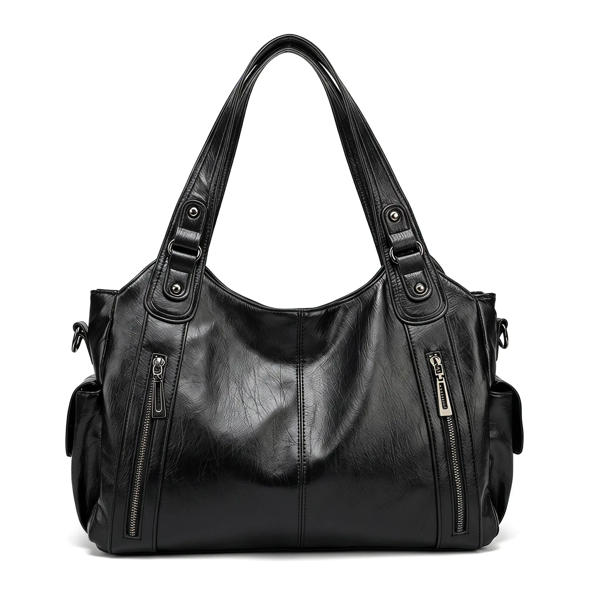 Women's Retro PU Leather Handbag - Large Capacity, Stitched, Multi-Pocket, Zipper, Rivet Detailing, Tote Bag for Commuter Everyday Use (Coffee, Black), Street, Synthetic, Holiday, Casual, Cute, High-Capacity, Stitched Detail, Lightweight, Sweet, Single Ad