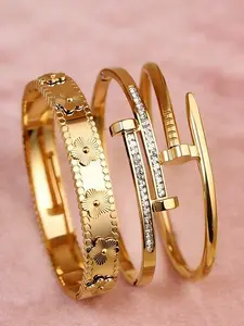 Elegant Stainless Steel Women's Nail Bracelet Set, Trendy Stack Bangle, Stackable Bracelet, Four-Leaf Clover Design, Flower Design Bracelet, Perfect for Parties & Gifts, Valentine's Day Christmas New Year Gift Ideas, Bracelet Jewelry