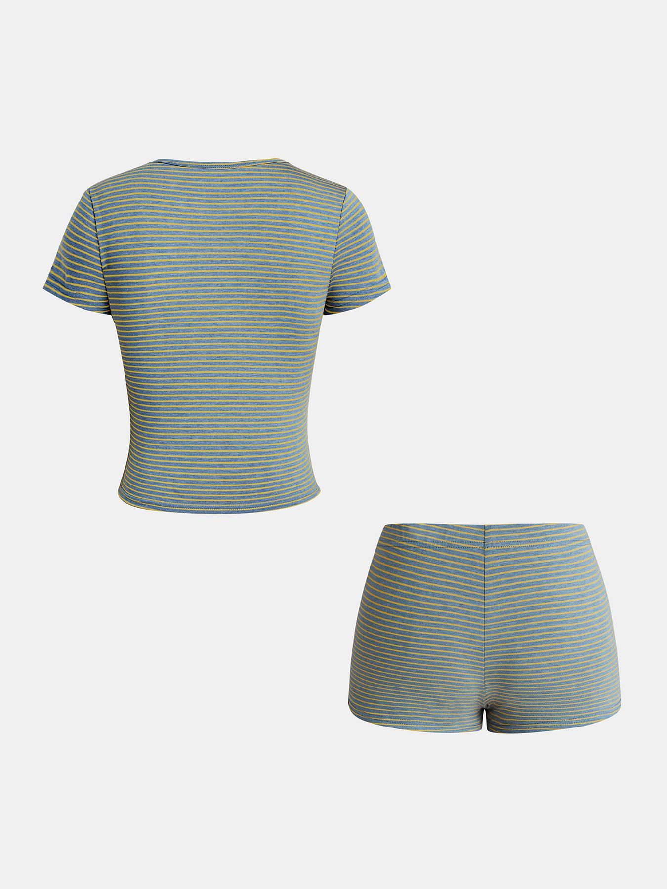 Women's Casual Striped Top & Shorts Set, Slim-Fitting Crop/t-Shirt Combo, All-Season Plain Style, Perfect for Daily Wear