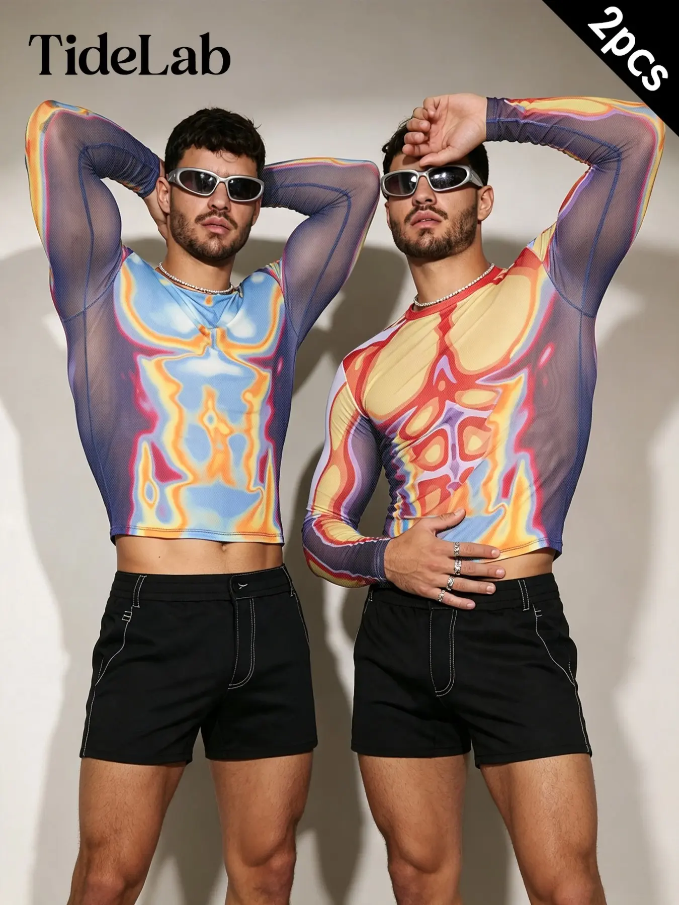 2-Pack Unisex Mesh T-Shirt, Heat-Activated Muscle Print, Slim Fit, Short Sleeve, All Seasons, Sexy Style, Plain Surface, No Button