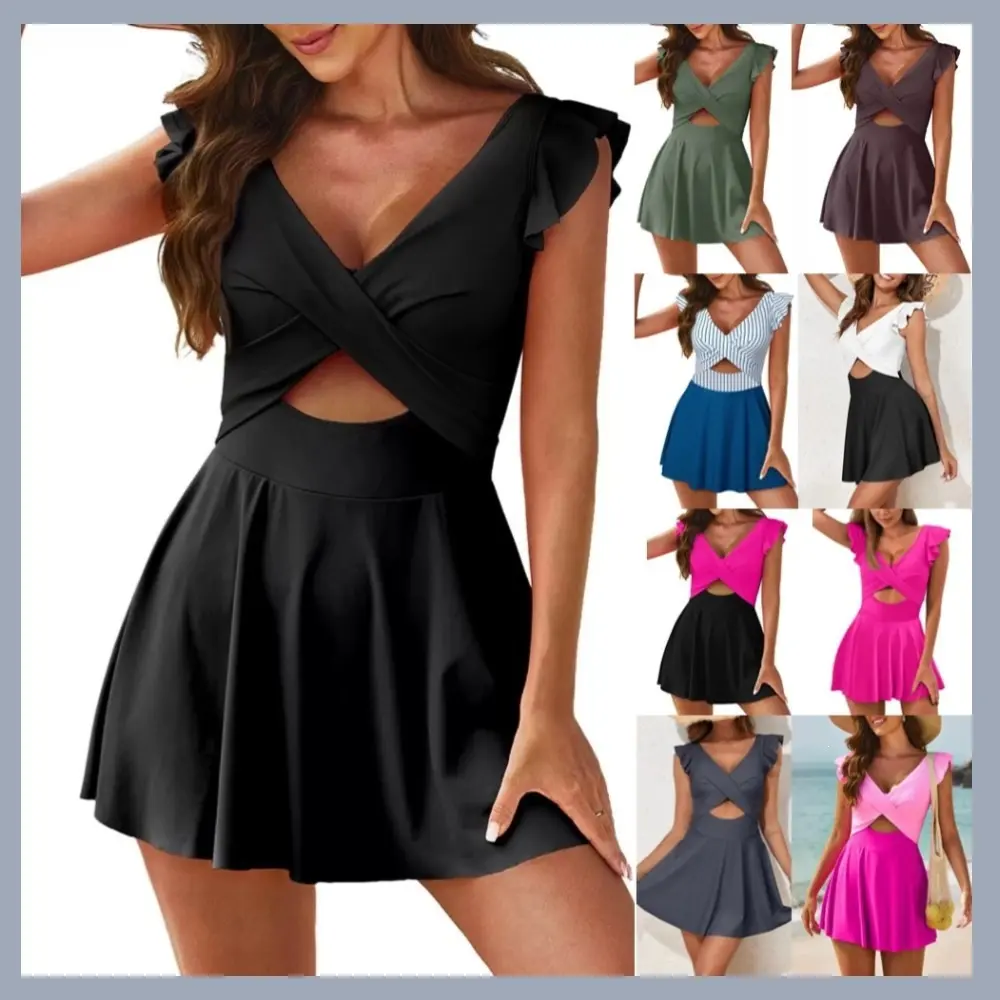 Women's 1-Piece Swimdress with Tummy Control, Sporty Tight-Fitting Activewear featuring a Ruffled Cross Skirt for Beach Wear (S/M/L), Sporty Chic, Surf Style Swim Dress Swimsuit Summer Swimsuit