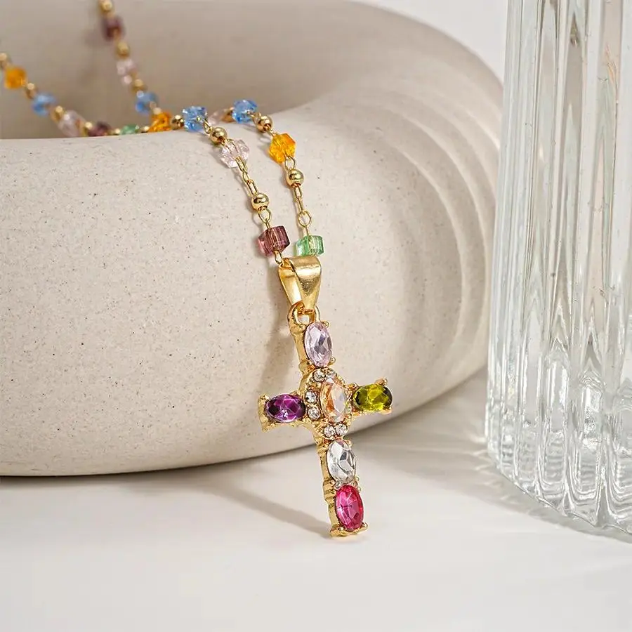Women's Multilayer Gold Cross Necklace with Colorful Crystal Pendant, Christian Faith Layered Jewelry for Daily Wear and Gift Styling, Confirmation, Anniversary
